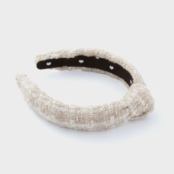 RARE Lele Sadoughi Timeless Beige Tweed Slim Knotted Headband Gold Logo NWOT - Picture 4 of 9